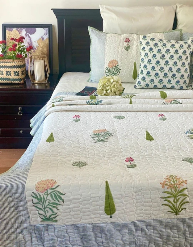 Blossom Handblocked Printed Quilted Bedcover With 2 Quilted Pillow Covers