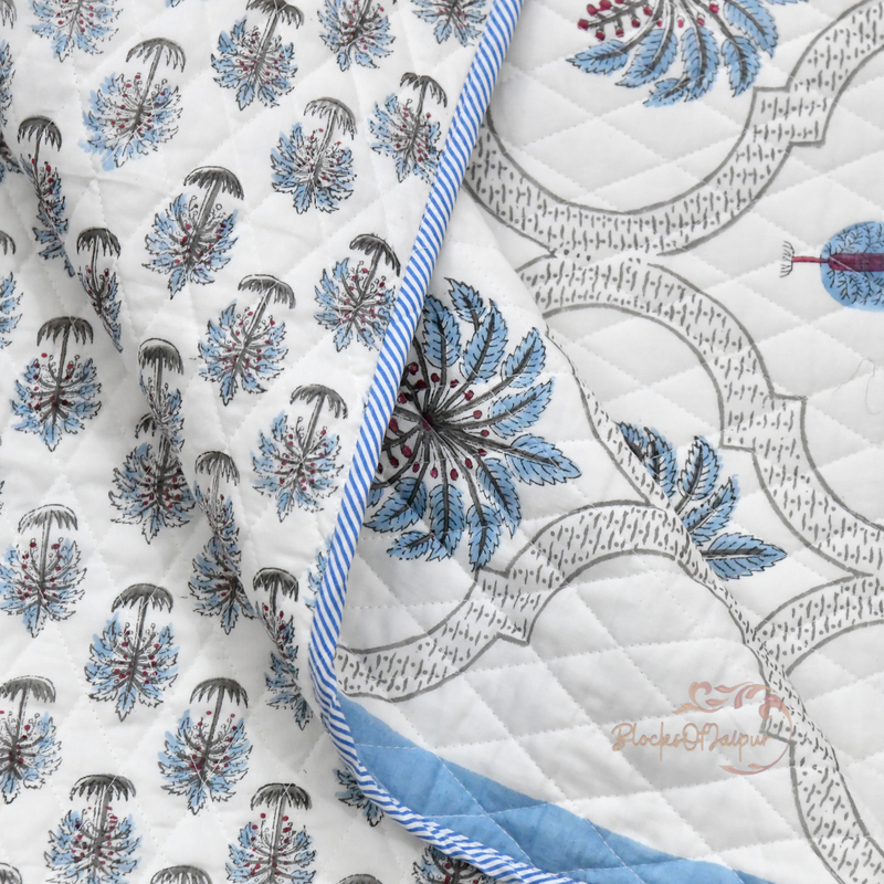 INDIAN COTTON QUILT, Jaipuri Razai, Unique 2 Pillow Cover Diamond Cut Machine Quilted Cypress Block Print Quilt, Hand Made Indian Bedspread